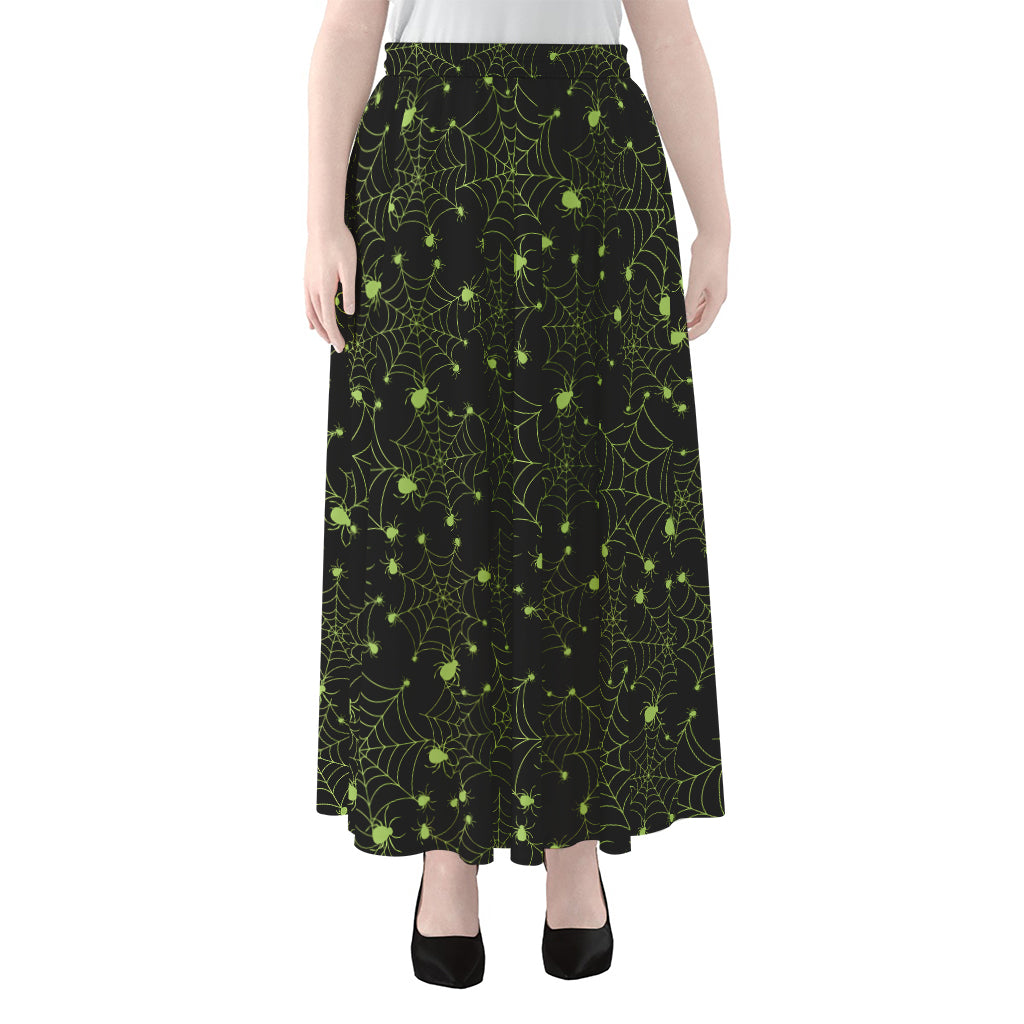 Black And Green Spider Web Pattern Print Chiffon Maxi Skirt