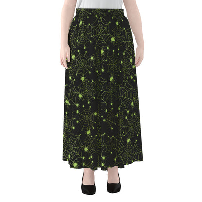 Black And Green Spider Web Pattern Print Chiffon Maxi Skirt