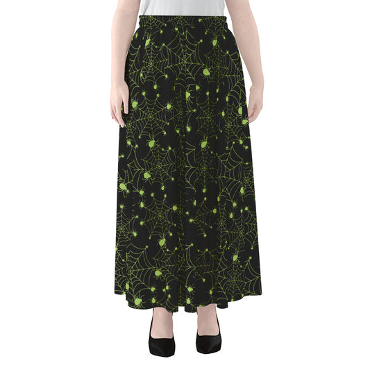 Black And Green Spider Web Pattern Print Chiffon Maxi Skirt