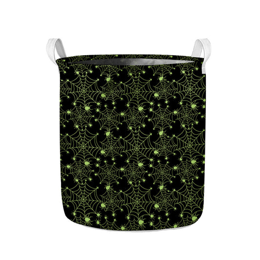 Black And Green Spider Web Pattern Print Collapsible Laundry Basket