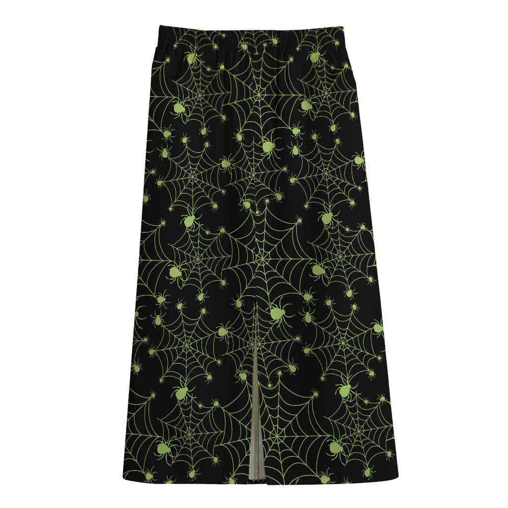 Black And Green Spider Web Pattern Print Cotton Front Slit Maxi Skirt