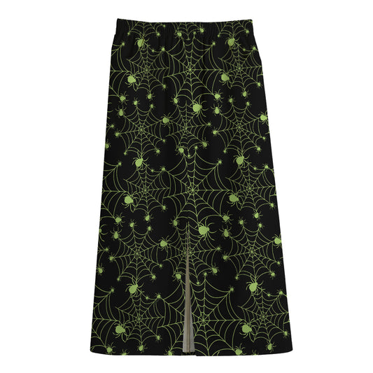Black And Green Spider Web Pattern Print Cotton Front Slit Maxi Skirt