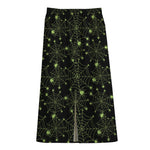 Black And Green Spider Web Pattern Print Cotton Front Slit Maxi Skirt