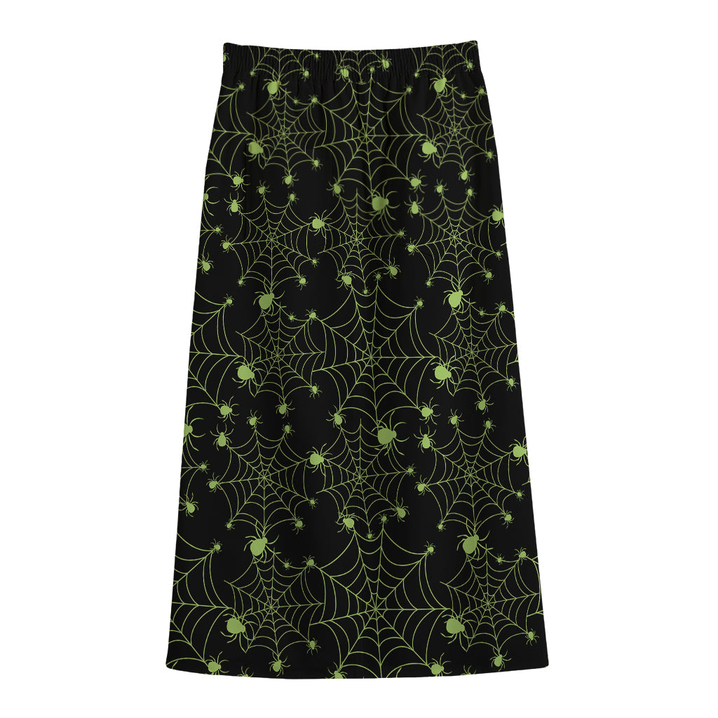 Black And Green Spider Web Pattern Print Cotton Front Slit Maxi Skirt