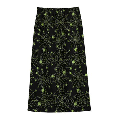 Black And Green Spider Web Pattern Print Cotton Front Slit Maxi Skirt