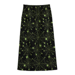 Black And Green Spider Web Pattern Print Cotton Front Slit Maxi Skirt