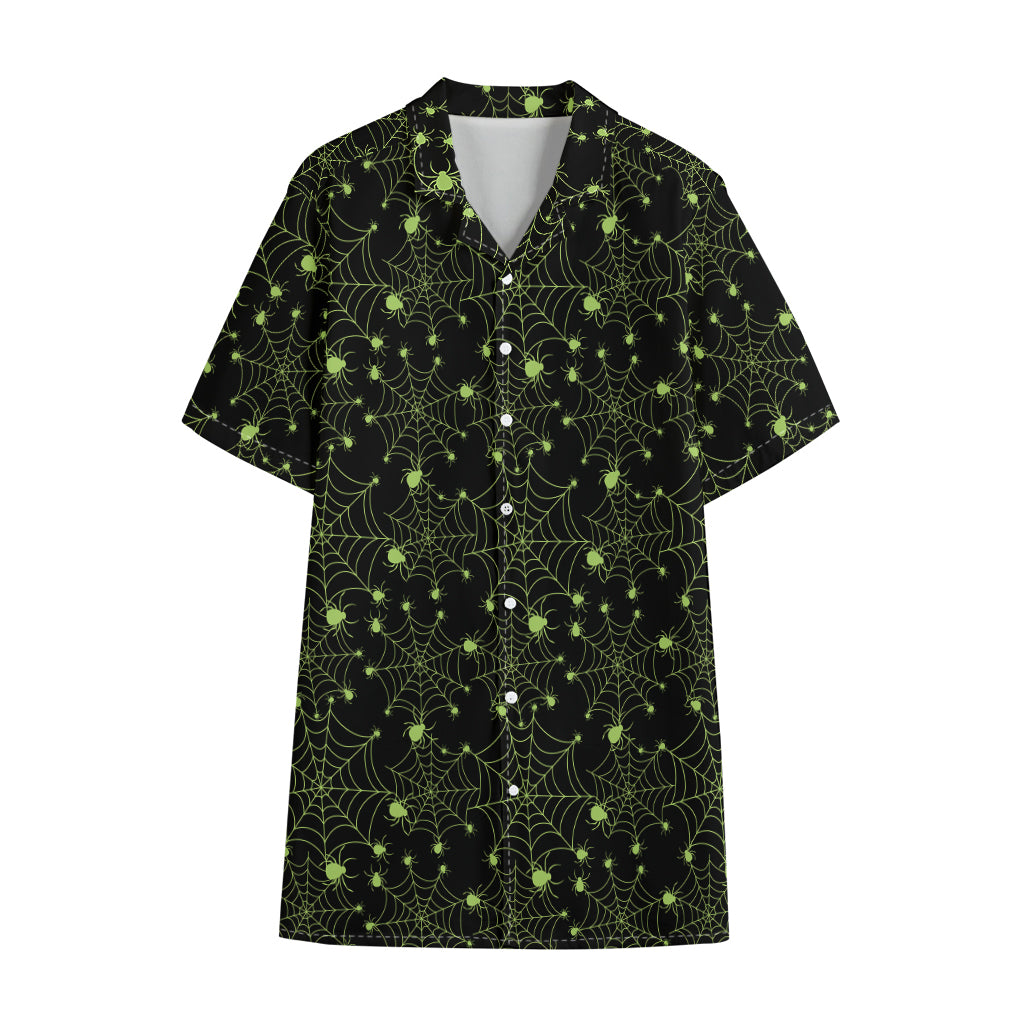Black And Green Spider Web Pattern Print Cotton Hawaiian Shirt