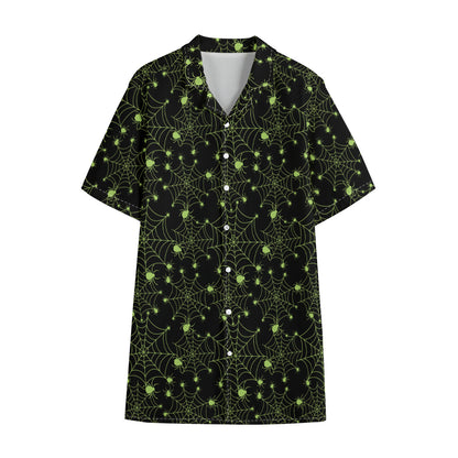 Black And Green Spider Web Pattern Print Cotton Hawaiian Shirt