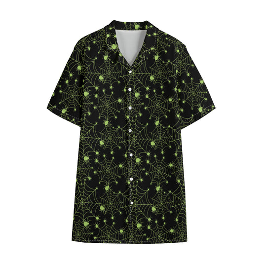 Black And Green Spider Web Pattern Print Cotton Hawaiian Shirt