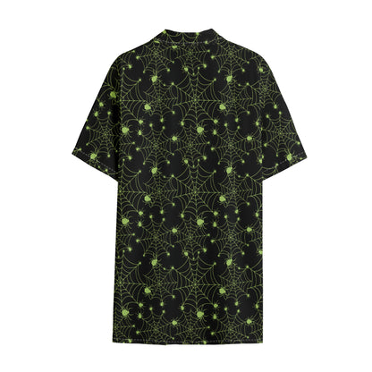 Black And Green Spider Web Pattern Print Cotton Hawaiian Shirt