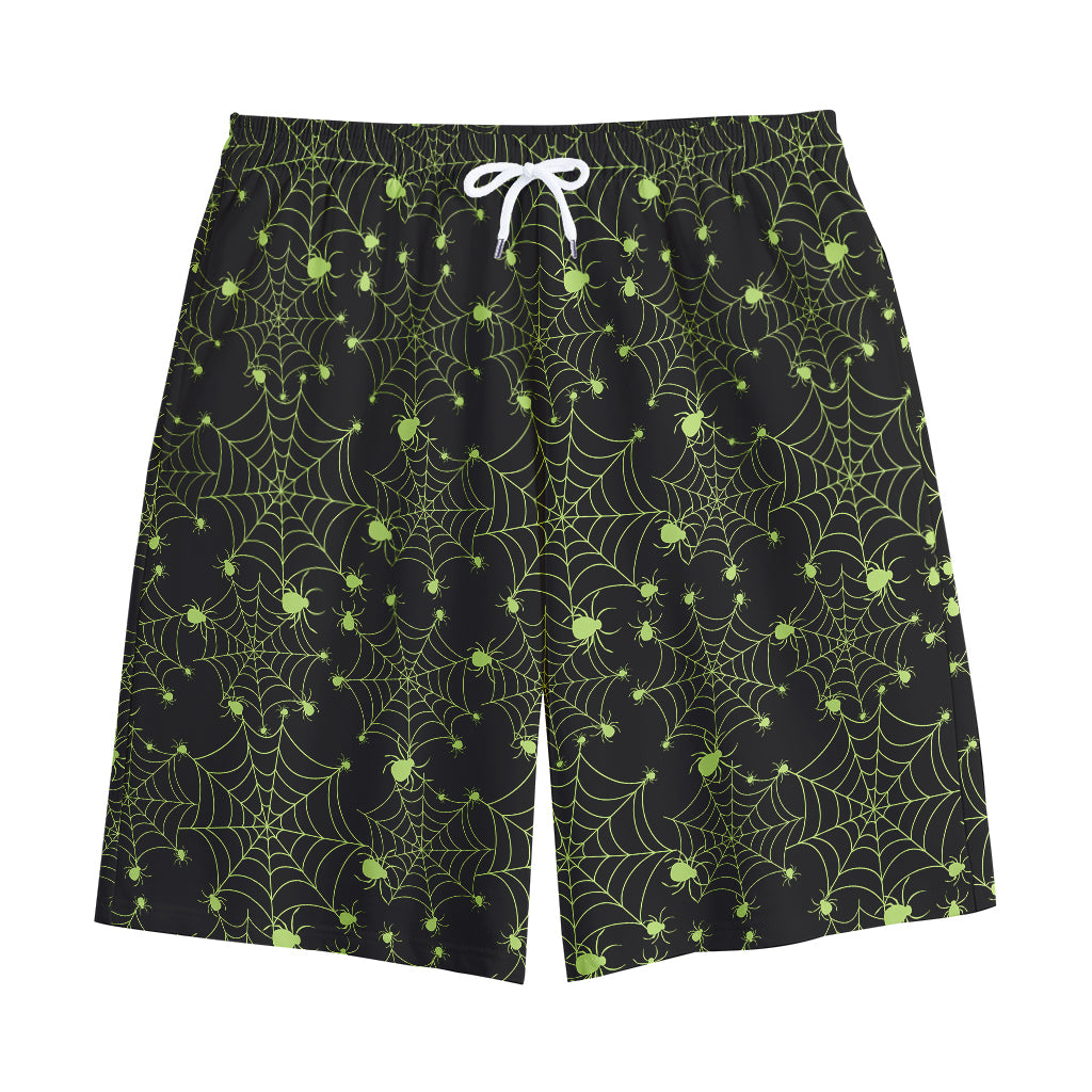 Black And Green Spider Web Pattern Print Cotton Shorts