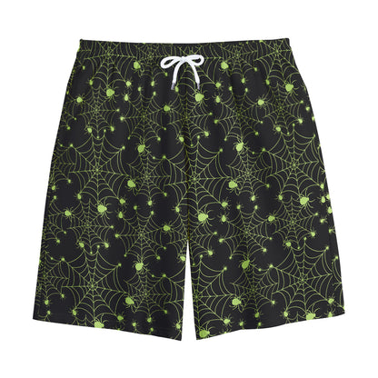 Black And Green Spider Web Pattern Print Cotton Shorts