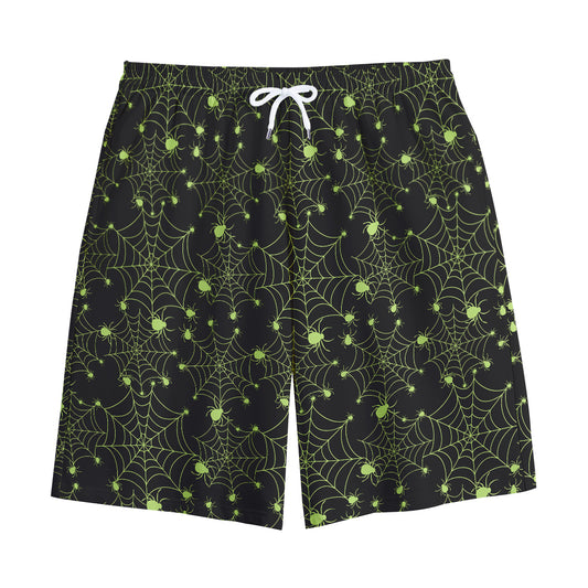 Black And Green Spider Web Pattern Print Cotton Shorts