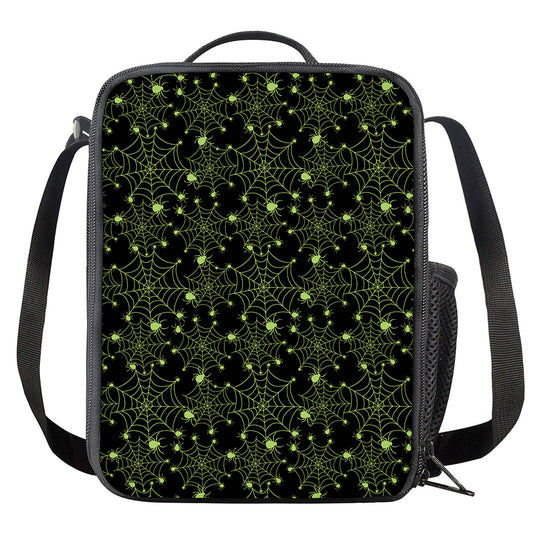 Black And Green Spider Web Pattern Print Crossbody Lunch Bag