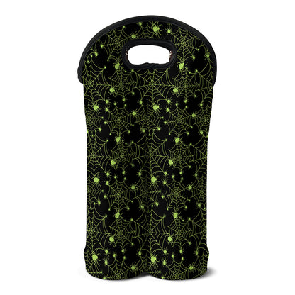 Black And Green Spider Web Pattern Print Double Neoprene Wine Tote