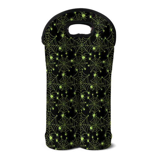 Black And Green Spider Web Pattern Print Double Neoprene Wine Tote
