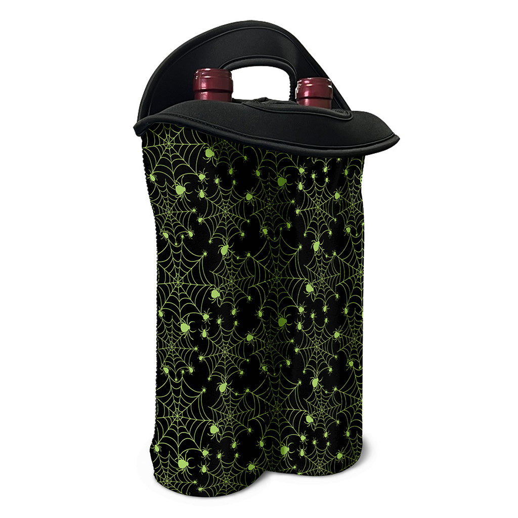 Black And Green Spider Web Pattern Print Double Neoprene Wine Tote