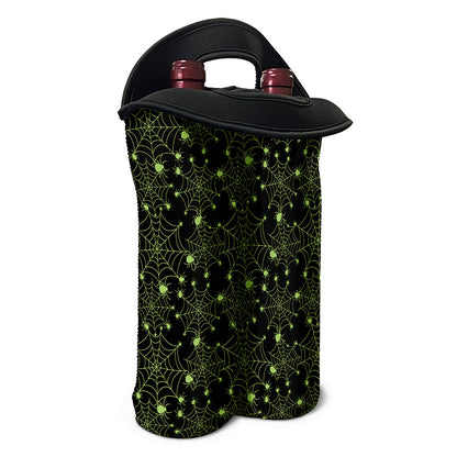 Black And Green Spider Web Pattern Print Double Neoprene Wine Tote
