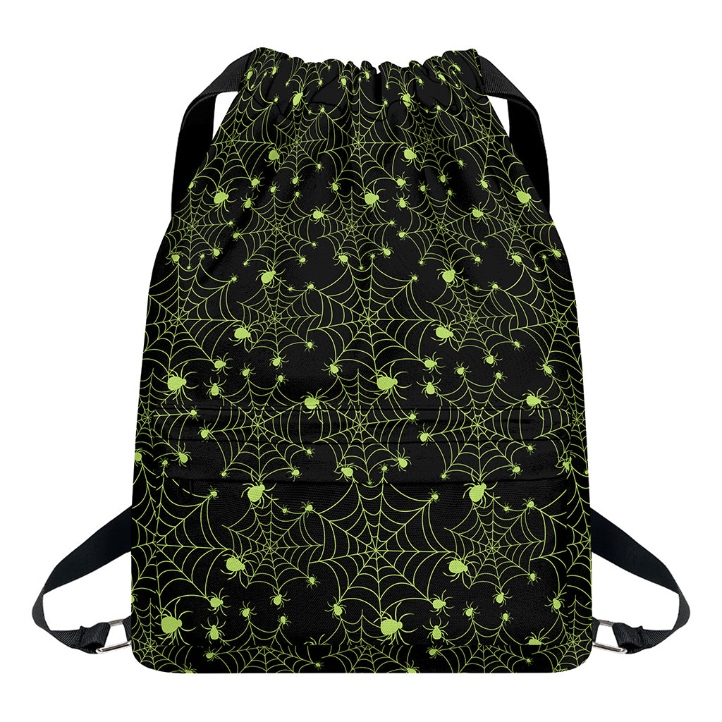 Black And Green Spider Web Pattern Print Drawstring Backpack
