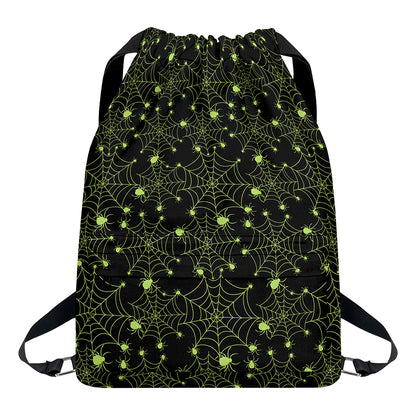 Black And Green Spider Web Pattern Print Drawstring Backpack