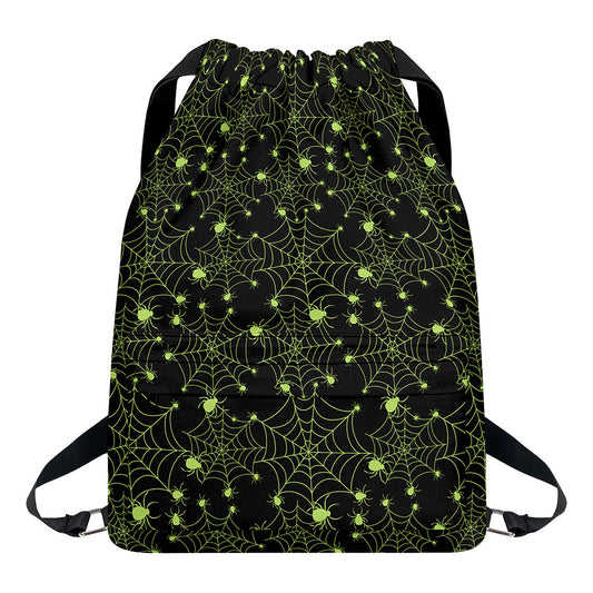 Black And Green Spider Web Pattern Print Drawstring Backpack