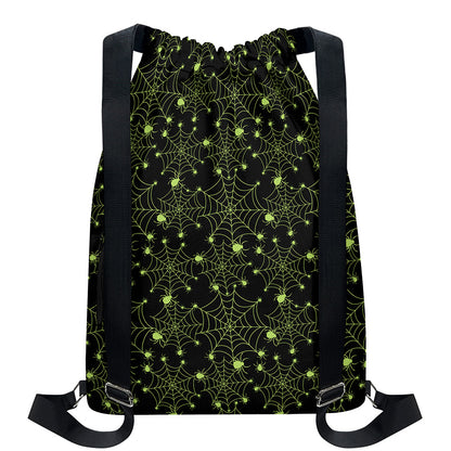 Black And Green Spider Web Pattern Print Drawstring Backpack