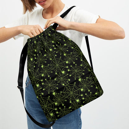 Black And Green Spider Web Pattern Print Drawstring Backpack