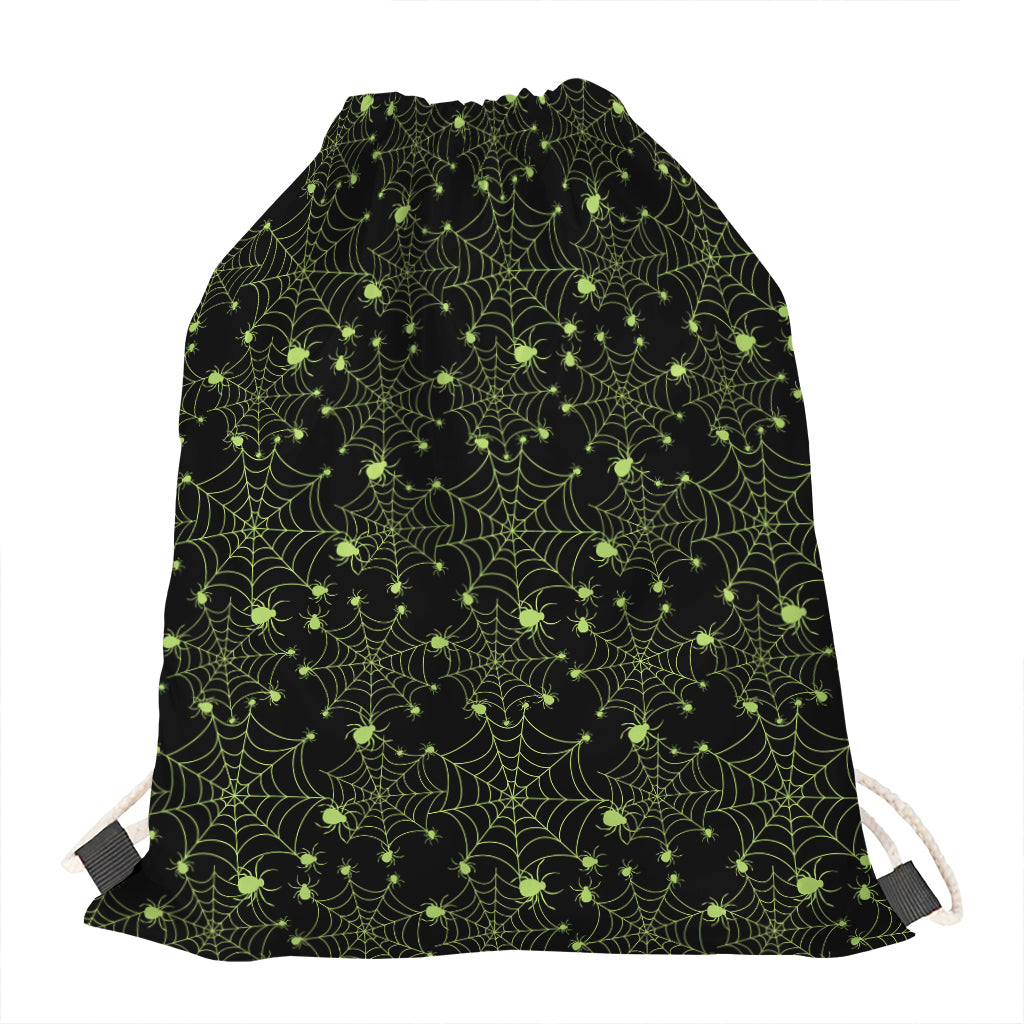 Black And Green Spider Web Pattern Print Drawstring Bag