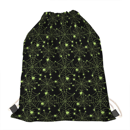 Black And Green Spider Web Pattern Print Drawstring Bag