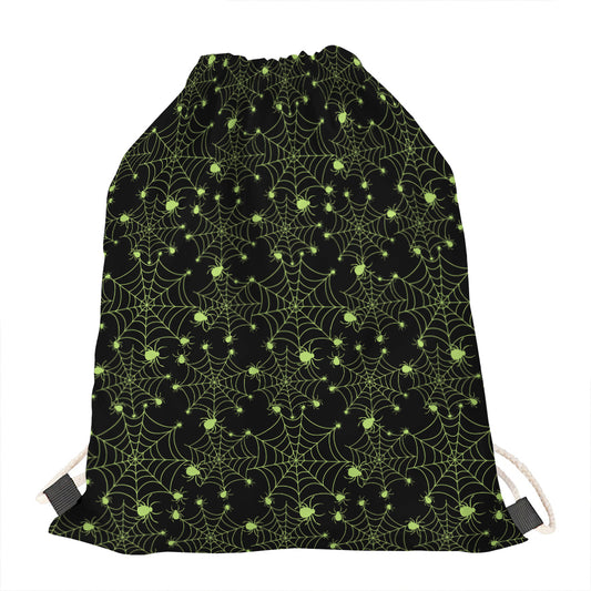 Black And Green Spider Web Pattern Print Drawstring Bag
