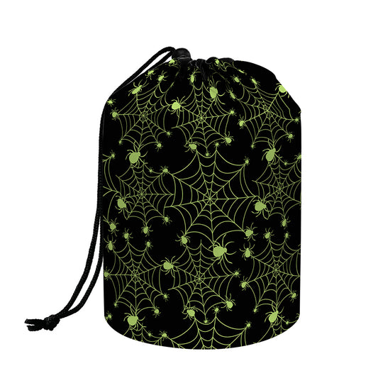 Black And Green Spider Web Pattern Print Drawstring Makeup Bag