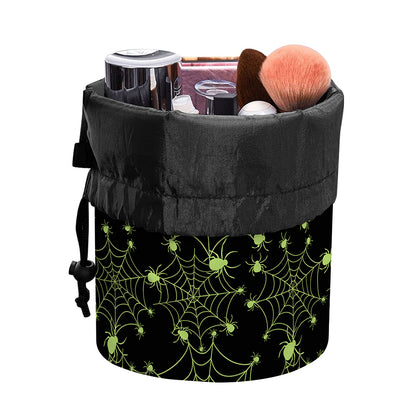 Black And Green Spider Web Pattern Print Drawstring Makeup Bag