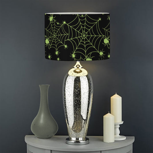 Black And Green Spider Web Pattern Print Drum Lamp Shade