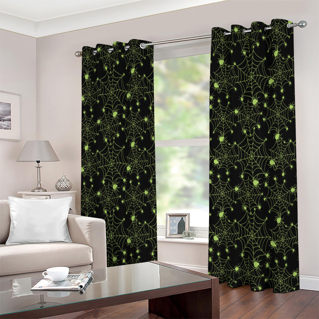 Black And Green Spider Web Pattern Print Extra Wide Grommet Curtains
