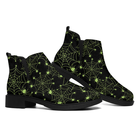 Black And Green Spider Web Pattern Print Flat Ankle Boots