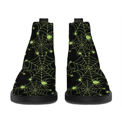 Black And Green Spider Web Pattern Print Flat Ankle Boots