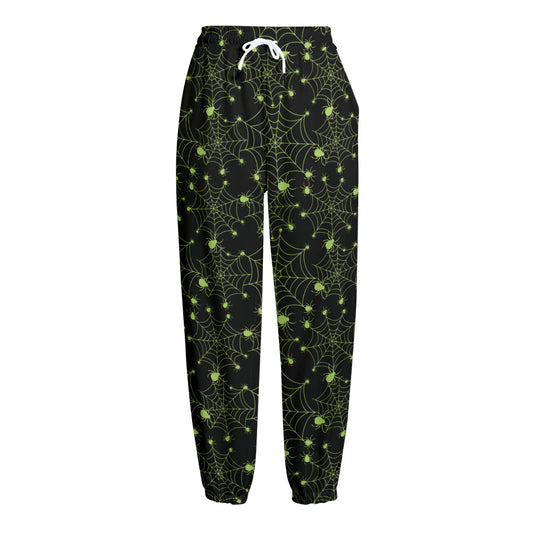Black And Green Spider Web Pattern Print Fleece Lined Knit Pants