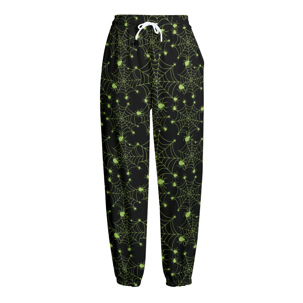Black And Green Spider Web Pattern Print Fleece Lined Knit Pants