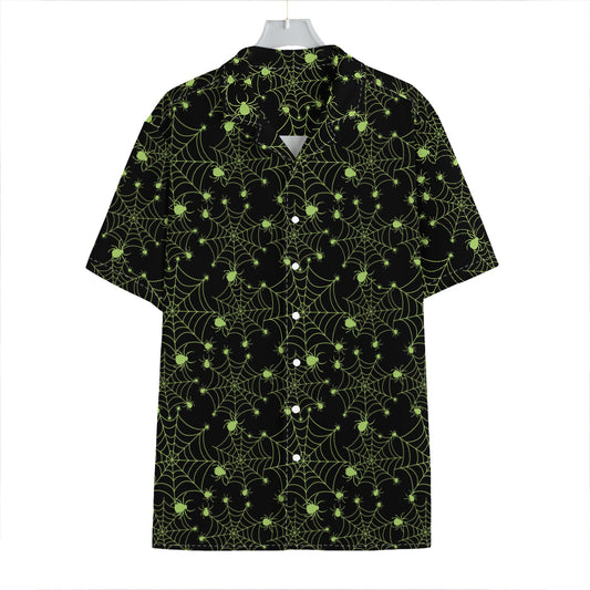 Black And Green Spider Web Pattern Print Hawaiian Shirt