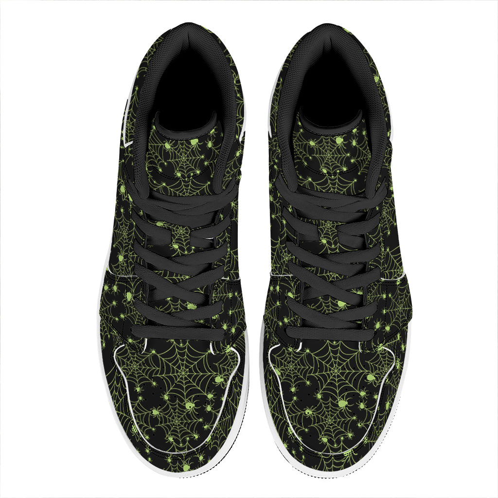 Black And Green Spider Web Pattern Print High Top Leather Sneakers