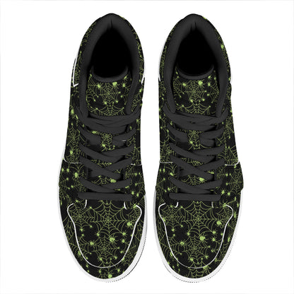 Black And Green Spider Web Pattern Print High Top Leather Sneakers