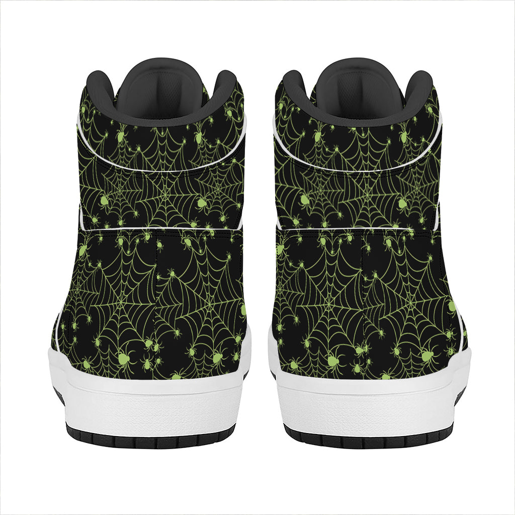 Black And Green Spider Web Pattern Print High Top Leather Sneakers