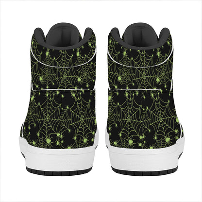 Black And Green Spider Web Pattern Print High Top Leather Sneakers