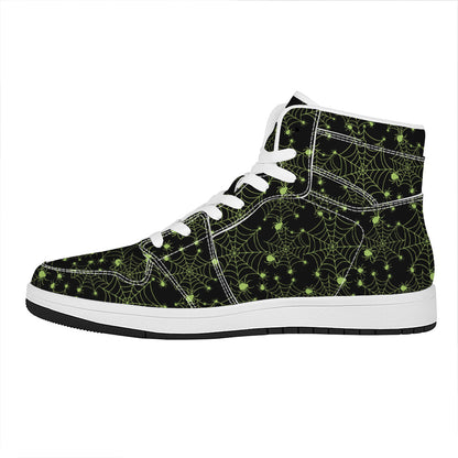 Black And Green Spider Web Pattern Print High Top Leather Sneakers