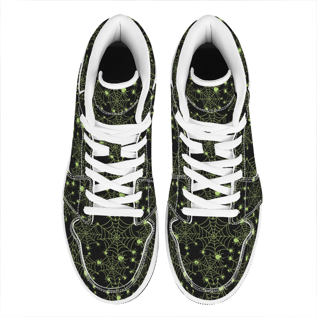 Black And Green Spider Web Pattern Print High Top Leather Sneakers