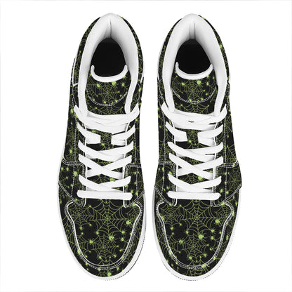 Black And Green Spider Web Pattern Print High Top Leather Sneakers