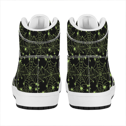 Black And Green Spider Web Pattern Print High Top Leather Sneakers