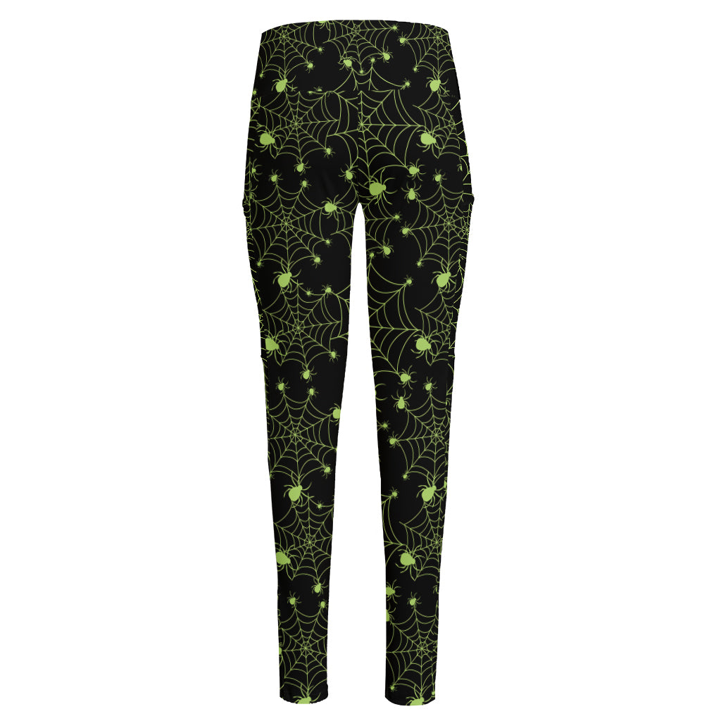 Black And Green Spider Web Pattern Print High-Waisted Pocket Leggings
