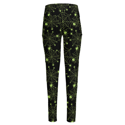 Black And Green Spider Web Pattern Print High-Waisted Pocket Leggings