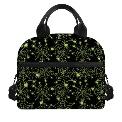 Black And Green Spider Web Pattern Print Insulated Lunch Bag